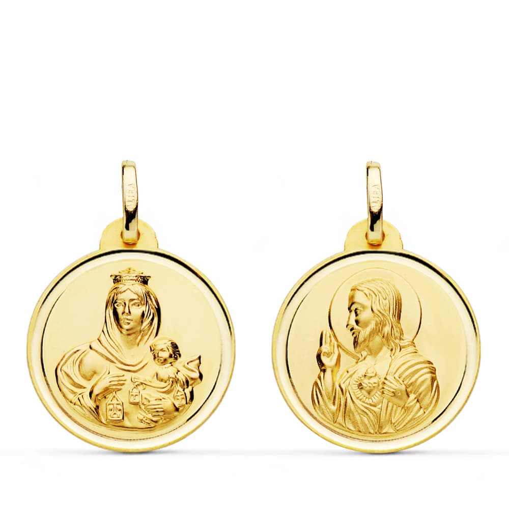 18K ESCAPULARIO ORO AMARILLO BISEL ORO AMARILLO VIRGEN DEL CARMEN CORAZON DE JESUS 20 MM