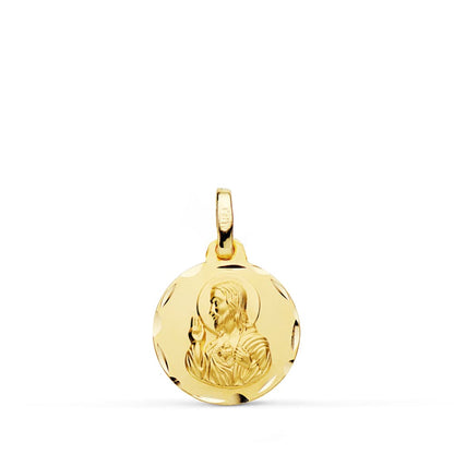 18K MEDALLA ORO AMARILLO CRISTO SAGRADO CORAZON DE JESUS TALLADA 14 MM