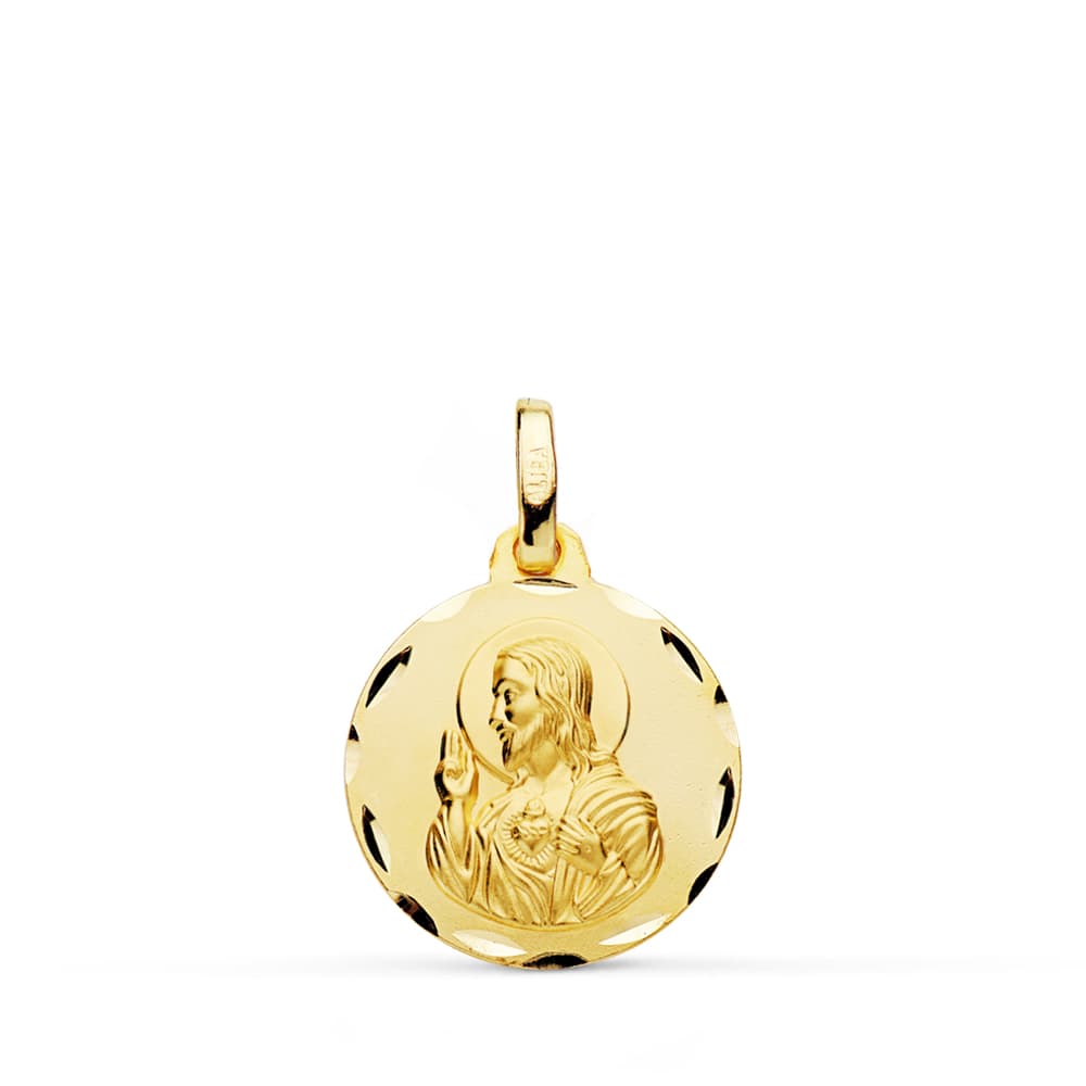 18K MEDALLA ORO AMARILLO CRISTO SAGRADO CORAZON DE JESUS TALLADA 16 MM