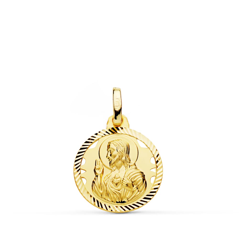 18K MEDALLA ORO AMARILLO CRISTO SAGRADO CORAZON DE JESUS HELICE CALADA 16 MM