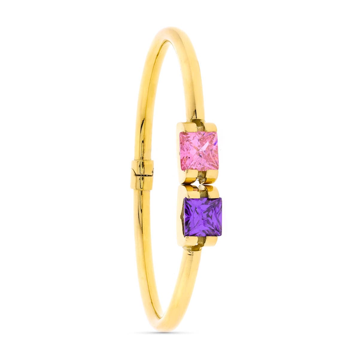 18K PULSERA ORO AMARILLO RIGIDA 2 PIEDRAS COLOR AMATISTA Y ROS DE FRANCIA