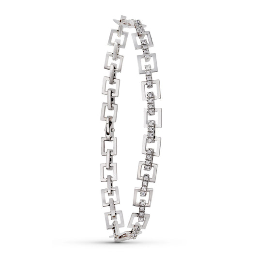 18K PULSERA ORO BLANCO ESLABONES CUADRADOS CIRCONITAS