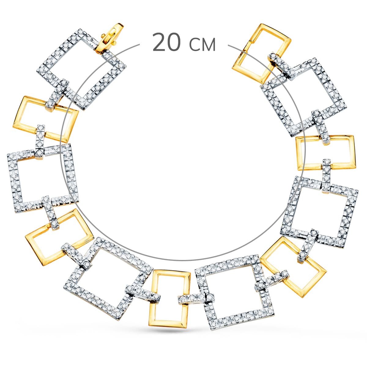 18K PULSERA ORO BICOLOR ESLABONES CUADRADOS Y MOTIVOS CON CIRCONITA 20CM