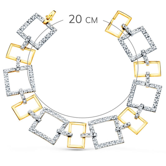 18K PULSERA ORO BICOLOR ESLABONES CUADRADOS Y MOTIVOS CON CIRCONITA 20CM