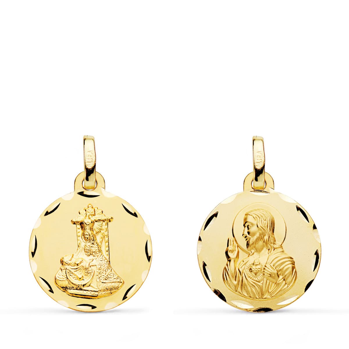 18K MEDALLA ORO AMARILLO ESCAPULARIO ORO AMARILLO VIRGEN DE LAS ANGUSTIAS Y CORAZON DE JESUS TALLADA 16 MM