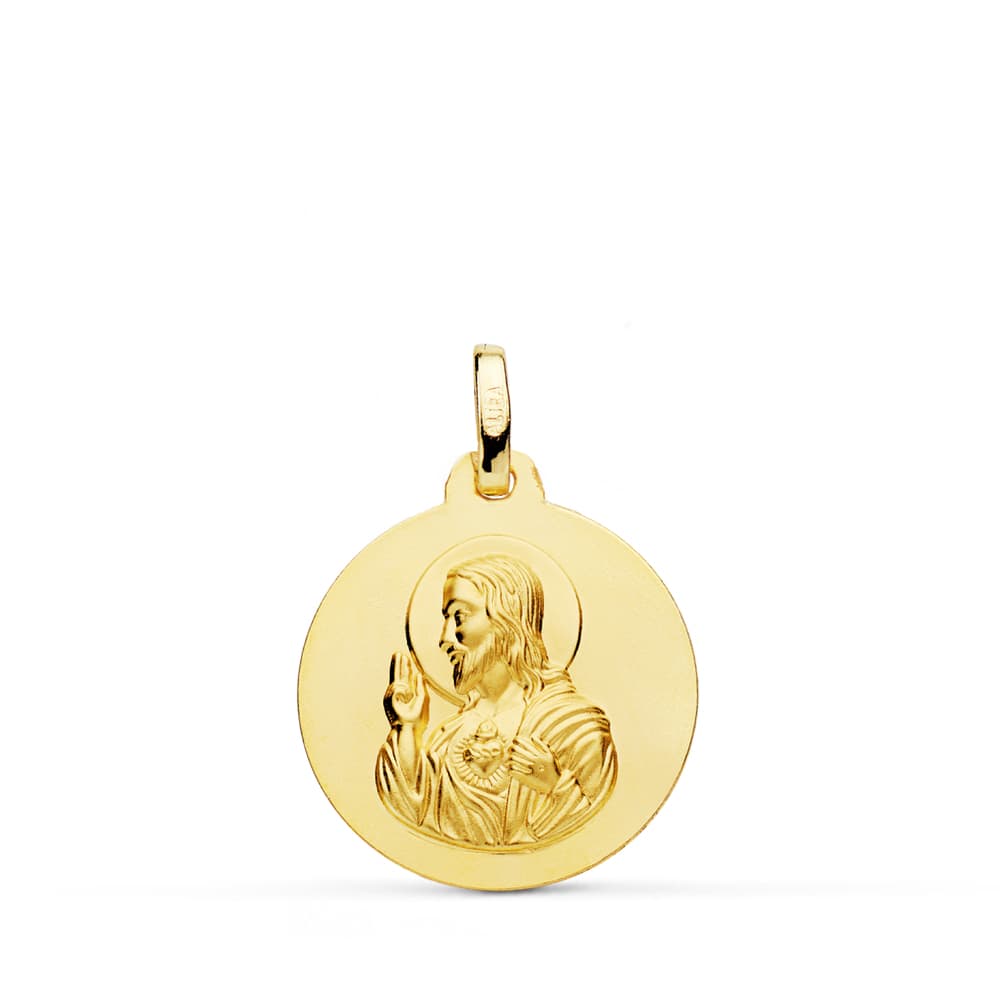 18K MEDALLA ORO AMARILLO CRISTO SAGRADO CORAZON DE JESUS LISO 18 MM