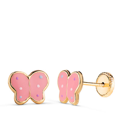 18K PENDIENTES ORO AMARILLO MARIPOSAS ESMALTE ROSA. MEDIDA: 8 X 6,5 MM. CIERRE TUERCA