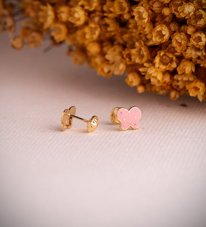 18K PENDIENTES ORO AMARILLO MARIPOSAS ESMALTE ROSA. MEDIDA: 8 X 6,5 MM. CIERRE TUERCA