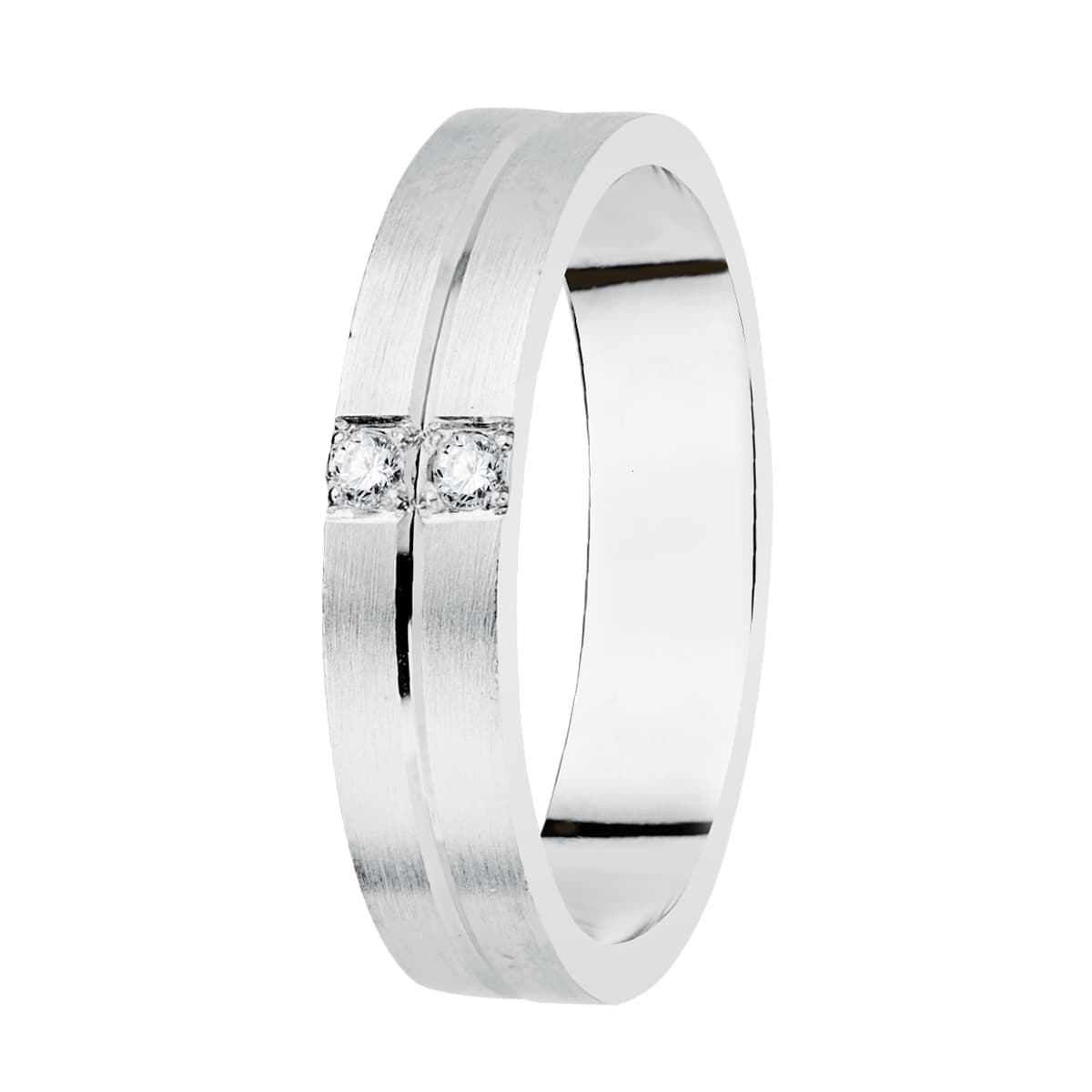 18K ALIANZA ORO BLANCO MATIZADA 2 DIAMANTES 0.06 QTS. ANCHO: 4MM. TALLA: 16