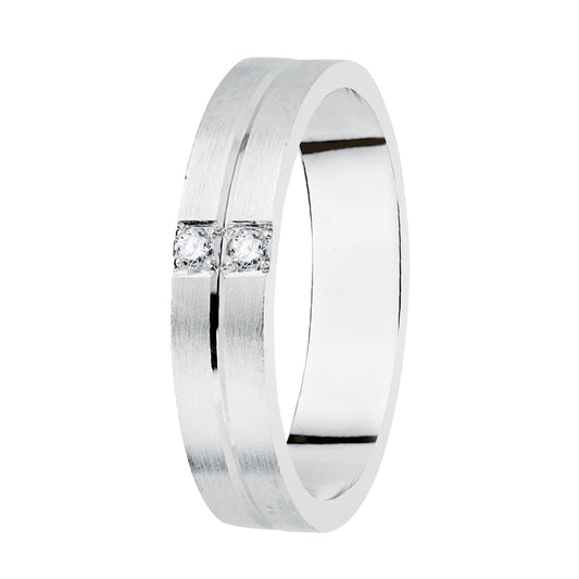 18K ALIANZA ORO BLANCO MATIZADA 2 DIAMANTES 0.06 QTS. ANCHO: 4MM. TALLA: 18