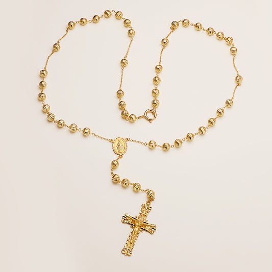18K ROSARIO ORO AMARILLO CON BOLAS 6 MM, CRUZ 45X27 MM Y MILAGROSA. CADENA 65 CM