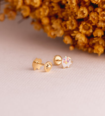 18K PENDIENTES ORO AMARILLO ELEFANTES ESMALTADOS. MEDIDA: 7 X 6 MM. CIERRE TUERCA