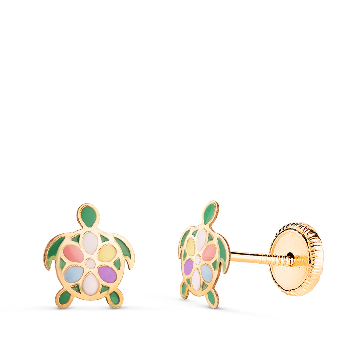 18K PENDIENTES ORO AMARILLO TORTUGAS ESMALTADAS. MEDIDA: 7,5 X 6,5 MM. CIERRE TUERCA