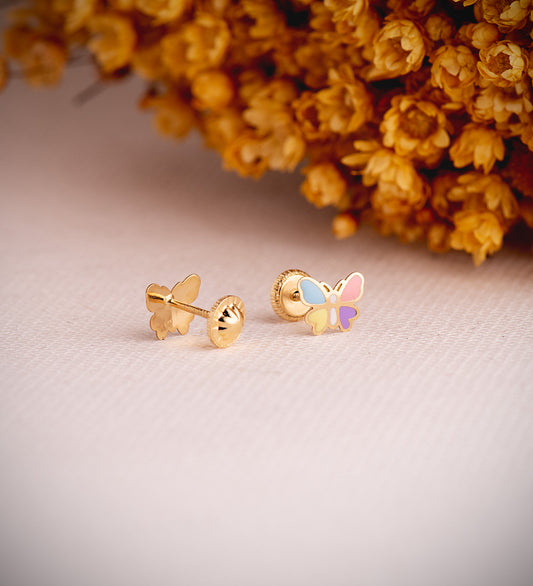 18K PENDIENTES ORO AMARILLO MARIPOSAS ESMALTADAS. MEDIDA: 7 X 6 MM. CIERRE TUERCA