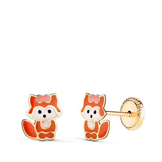18K PENDIENTES ORO AMARILLO ZORRO ESMALTADO. MEDIDA: 7,5 X 7 MM. CIERRE TUERCA