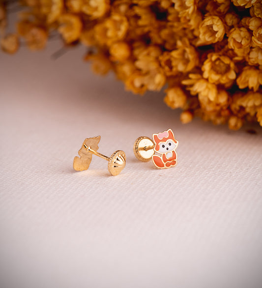18K PENDIENTES ORO AMARILLO ZORRO ESMALTADO. MEDIDA: 7,5 X 7 MM. CIERRE TUERCA