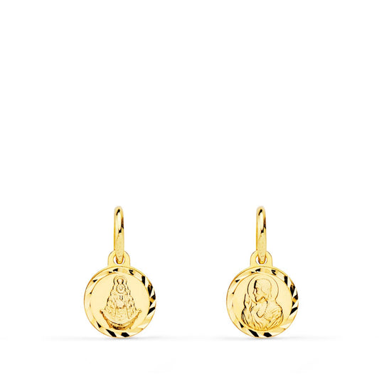 18K ESCAPULARIO MINI LENTEJA ORO AMARILLO MINI VIRGEN DEL ROCIO Y CORAZON DE JESUS TALLADO 8 MM