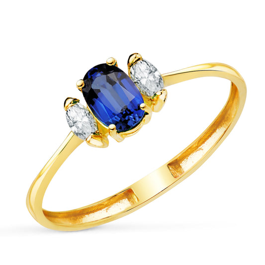 18K SORTIJA ORO AMARILLO DIAMANTES DE LABORATORIO Y ZAFIRO DIFUSION 6X4 MM 0,63 QT 0,134QT. E - VS2