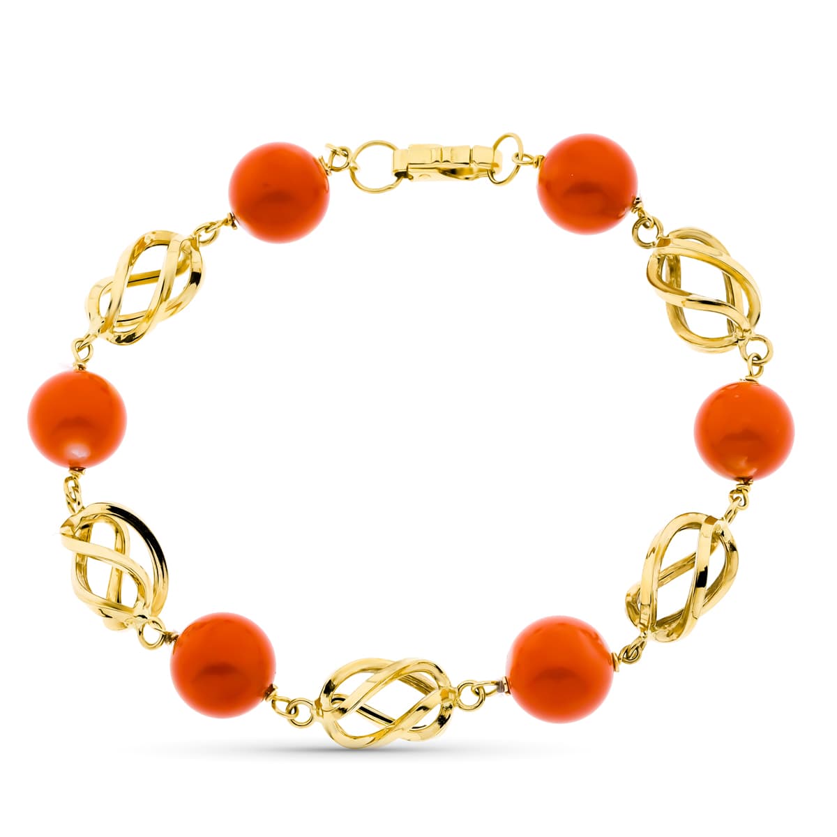 18K PULSERA ORO AMARILLO JAULAS CORAL FINO JAPONES 9 9.5 MM 19CM