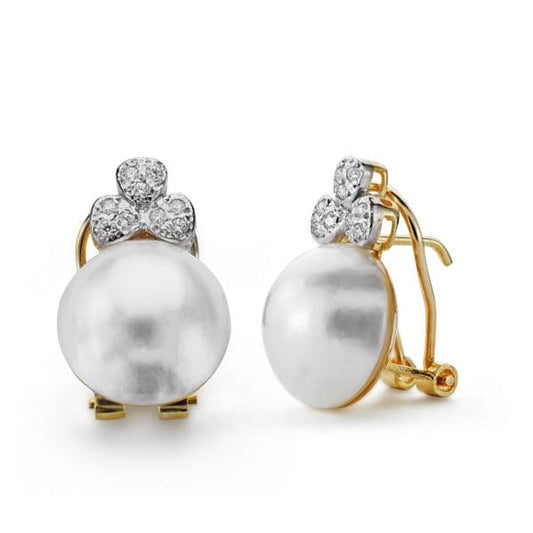 18K PENDIENTES ORO AMARILLO PERLA AUSTRALIANA 12 MM CIERRE OMEGA