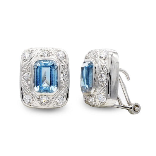 18K PENDIENTES AGUA MARINA Y CIRCONITAS ORO BLANCO 12 X 10MM CIERRE OMEGA