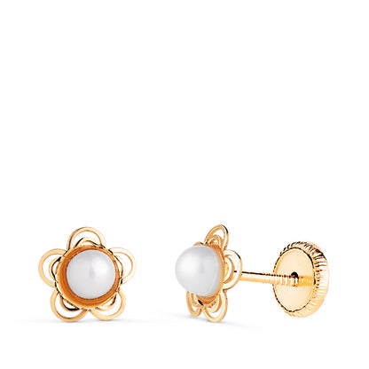 18K PENDIENTES ORO AMARILLO FLOR CALADA CON PERLA 3MM. MEDIDA: 6 MM.CIERRE TUERCA
