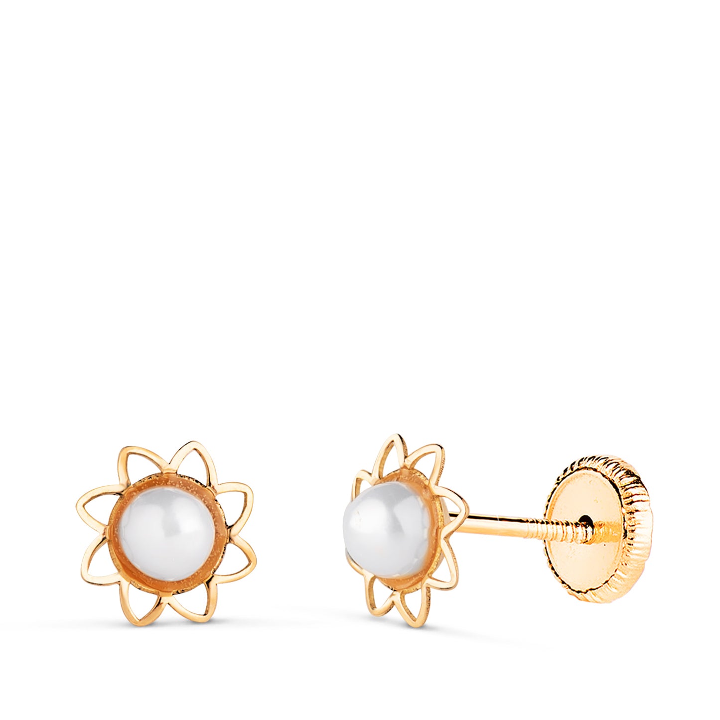 18K PENDIENTES ORO AMARILLO FLOR CALADA CON PERLA 3MM. MEDIDA: 6 MM. CIERRE TUERCA
