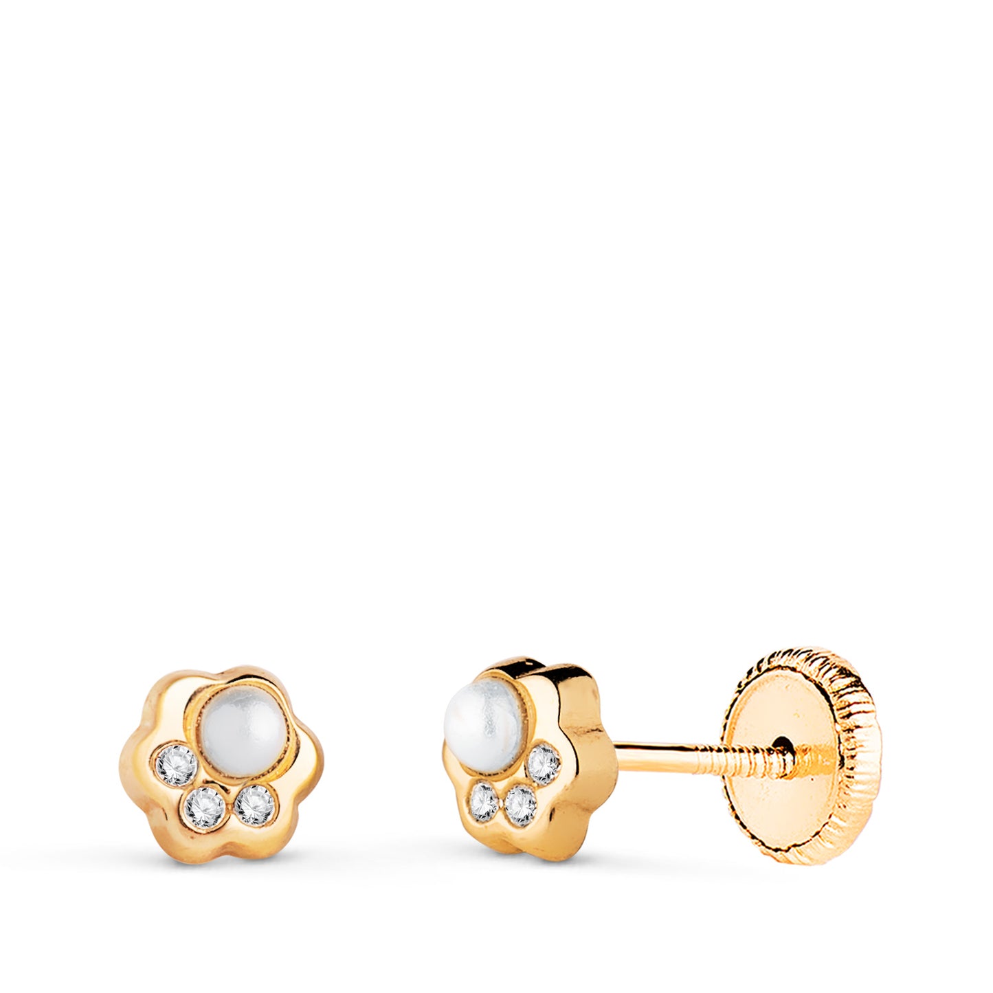 18K PENDIENTES ORO AMARILLO FLOR CON PERLA Y CIRCONITAS. MEDIDA: 5X4,5 MM. CIERRE TUERCA