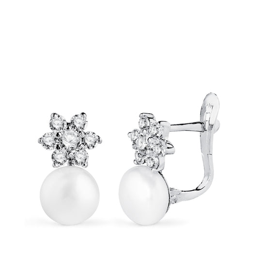 18K PENDIENTES ORO BLANCO PERLAS Y CUAJO CON CIRCONITAS. MEDIDA: 12X7 MM. CIERRE CATALAN
