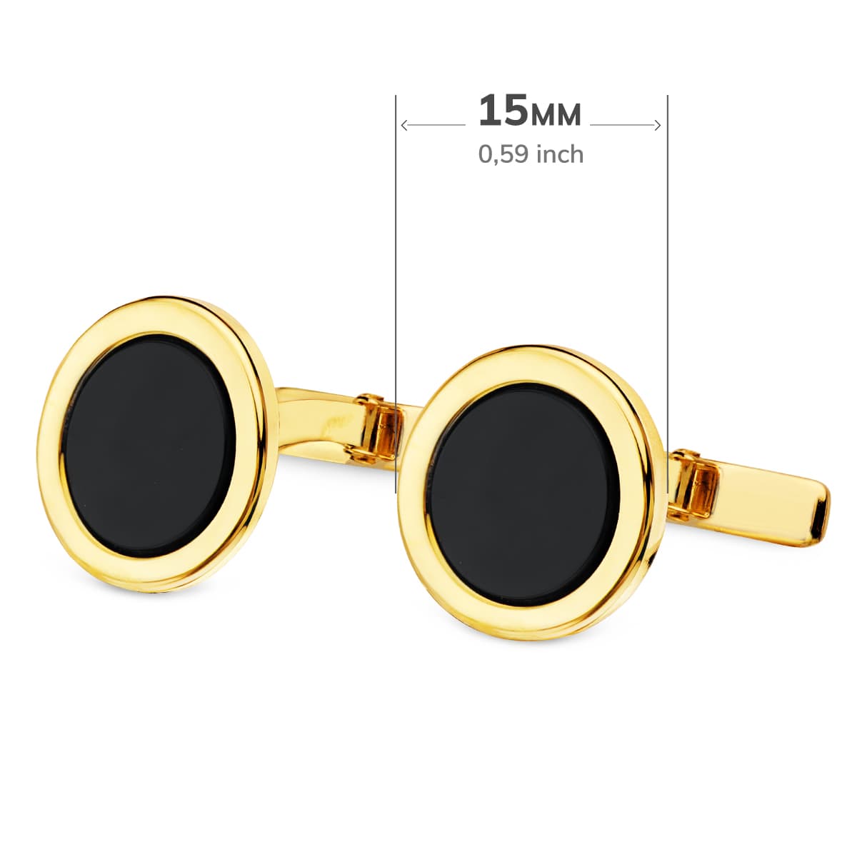 18K GEMELOS ORO AMARILLO REDONDOS CON ONIX 15 MM CIERRE RIGIDO OSCILANTE