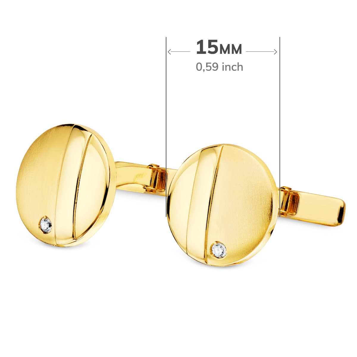 18K GEMELOS ORO AMARILLO REDONDOS MATE BRILLO 15MM CIRCONITA CIERRE RIGIDO OSCILANTE