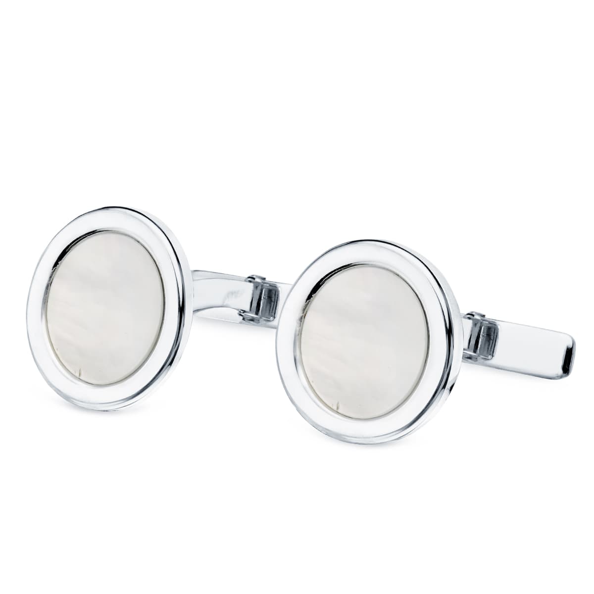18K GEMELOS ORO BLANCO REDONDOS CON NACAR 15 MM CIERRE RIGIDO OSCILANTE