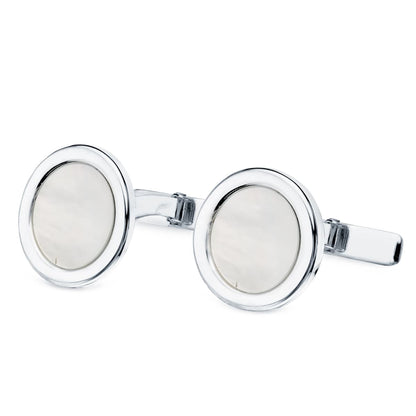 18K GEMELOS ORO BLANCO REDONDOS CON NACAR 15 MM CIERRE RIGIDO OSCILANTE