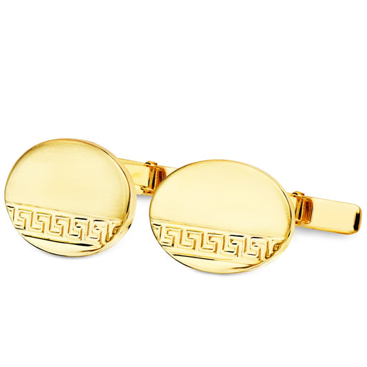 18K GEMELOS ORO AMARILLO OVAL GRECA MATE Y BRILLO 18X13 MM CIERRE RIGIDO OSCILANTE