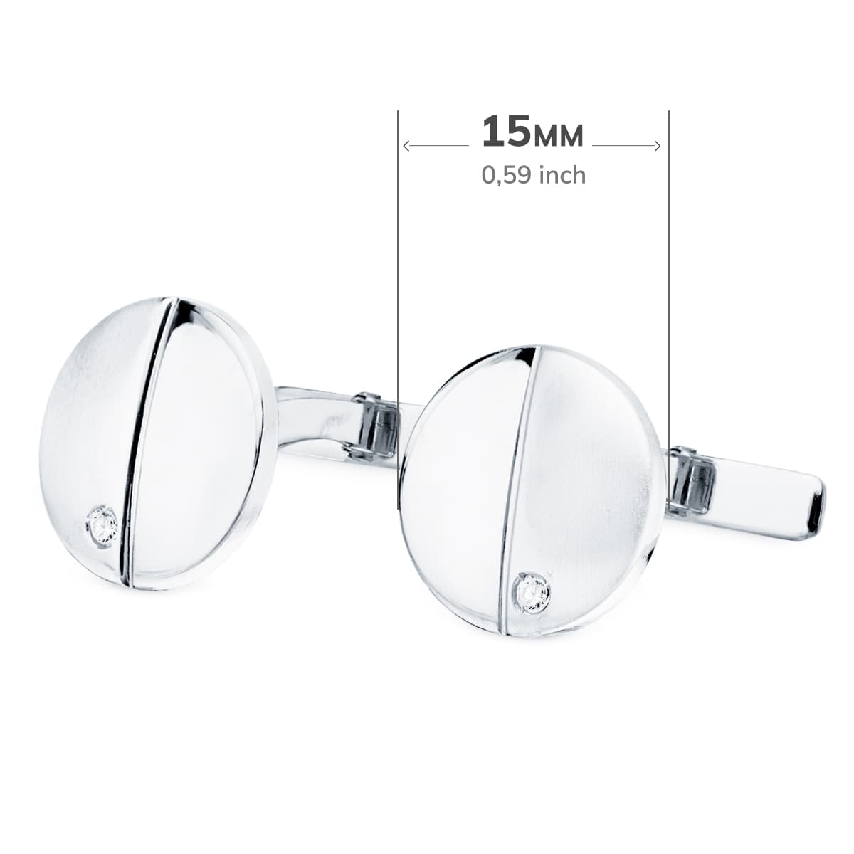 18K GEMELOS ORO BLANCO REDONDOS MATE BRILLO 15 MM CIRCONITA CIERRE RIGIDO OSCILANTE