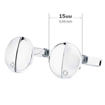 18K GEMELOS ORO BLANCO REDONDOS MATE BRILLO 15 MM CIRCONITA CIERRE RIGIDO OSCILANTE