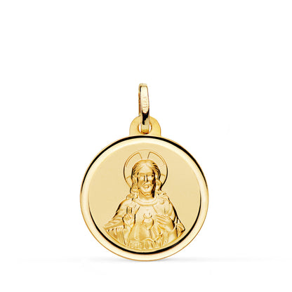 18K MEDALLA ORO AMARILLO CRISTO SAGRADO CORAZON DE JESUS BISEL 20 MM