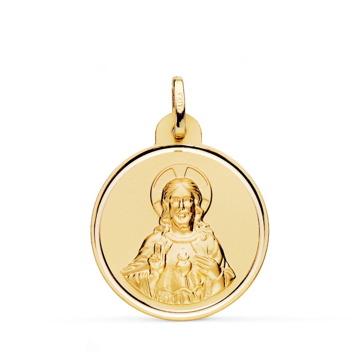 18K MEDALLA ORO AMARILLO CRISTO SAGRADO CORAZON DE JESUS BISEL 24 MM