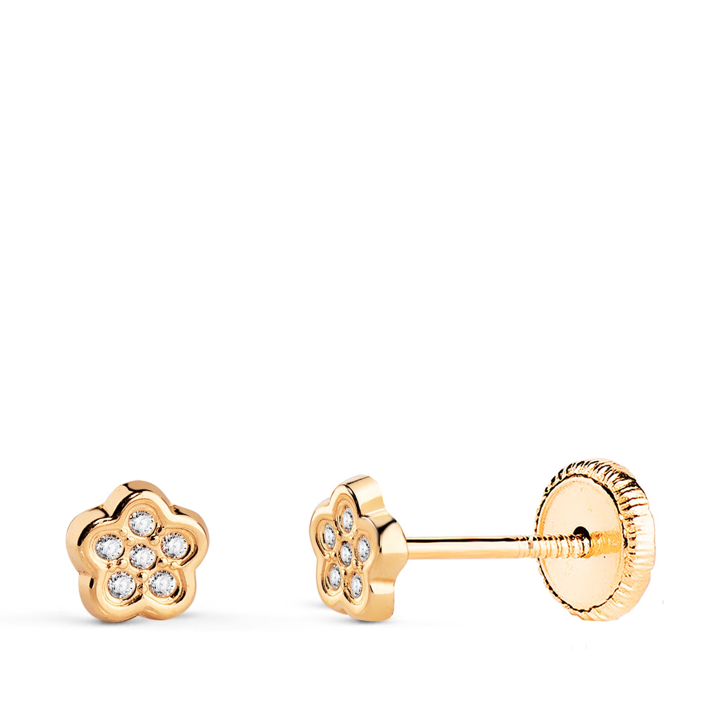 18K PENDIENTES ORO AMARILLO FLOR CON CIRCONITAS MEDIDA: 5 X 4,5 MM. CIERRE TUERCA