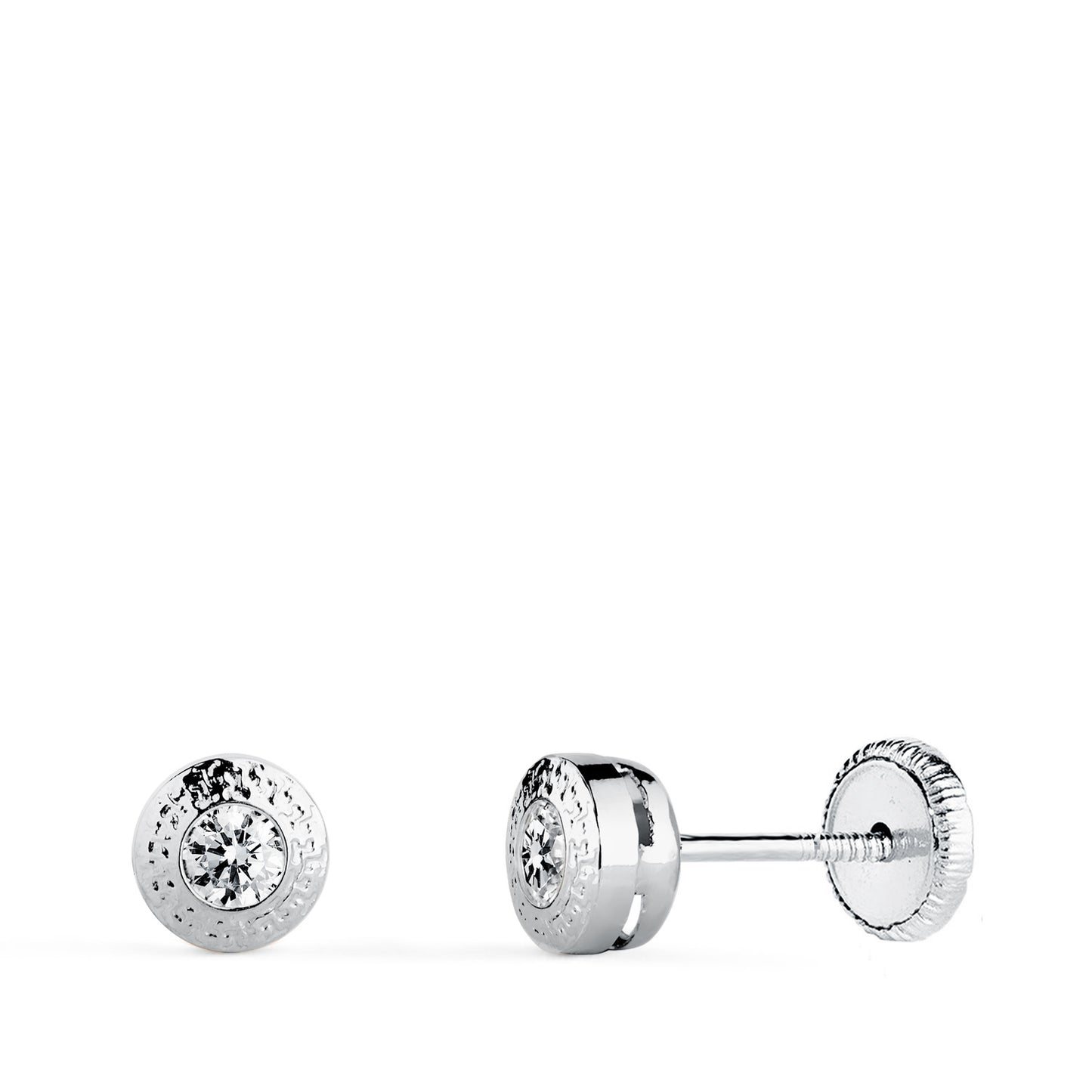 18K PENDIENTES ORO AMARILLO CHATON REDONDOS 5 MM CON GRECA Y CIRCONITA 3 MM. CIERRE TUERCA