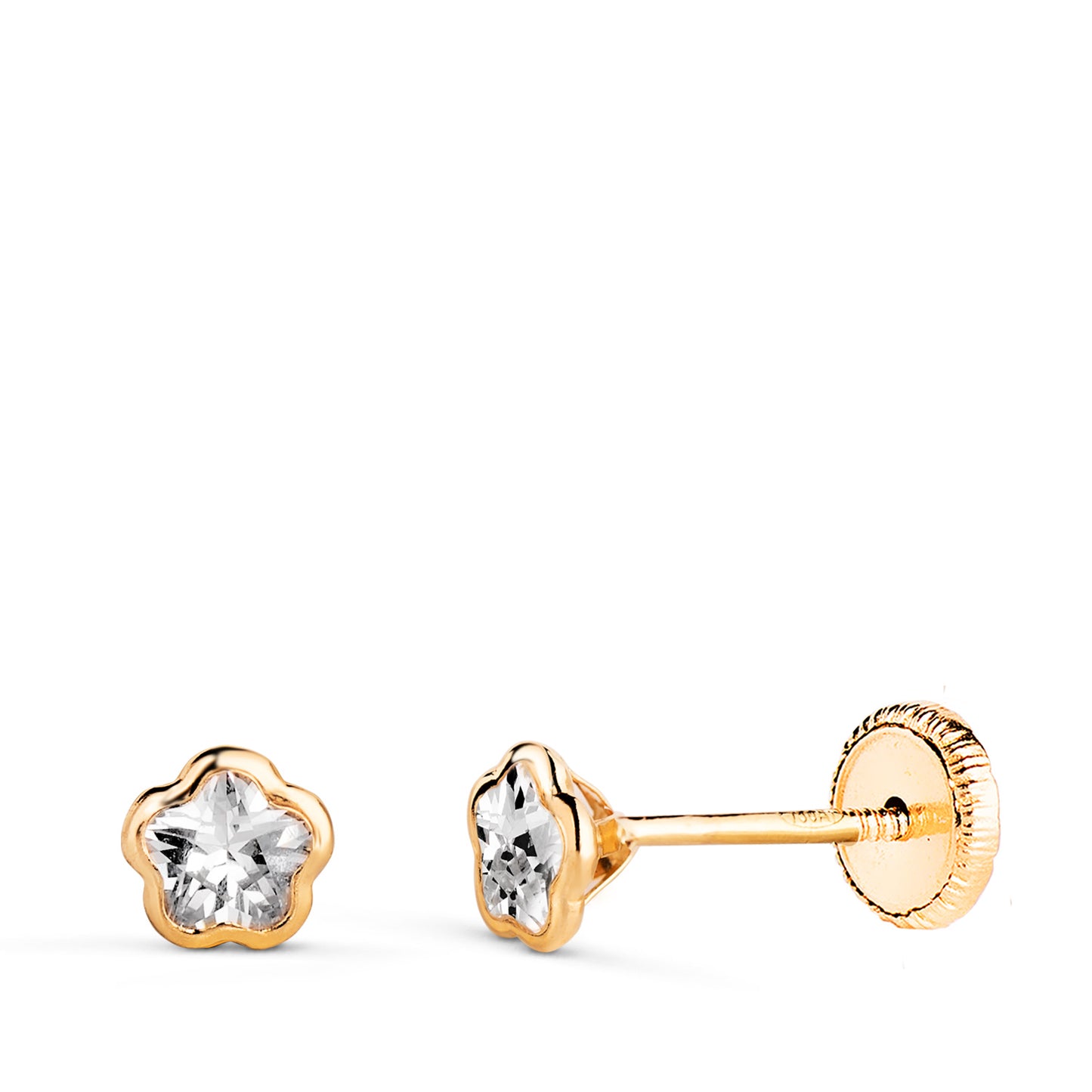 18K PENDIENTES ORO AMARILLO CHATON FLOR CIRCONITA. MEDIDA: 4,5 X 4,5 MM CIERRE TUERCA