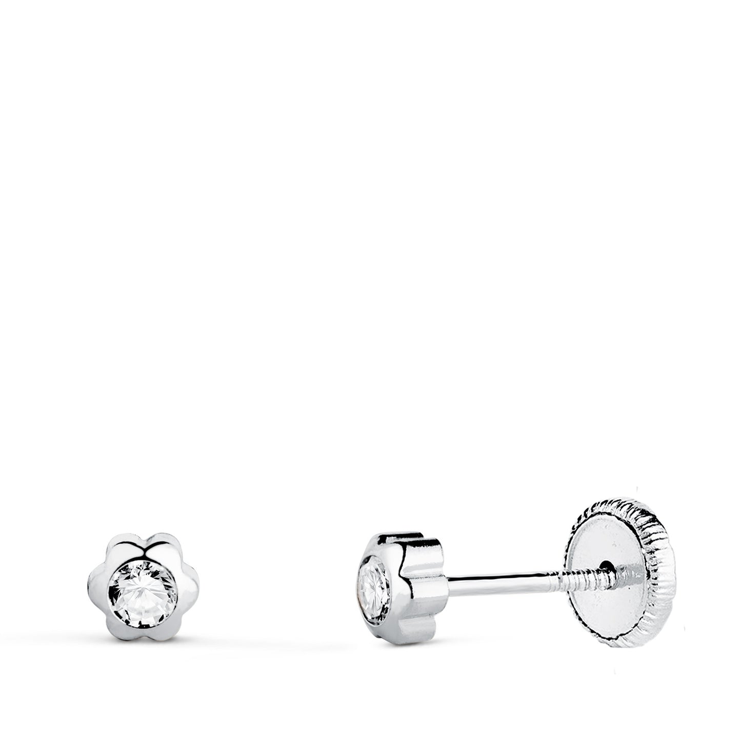 18K PENDIENTES ORO BLANCO CHATON MARGARITA CON CIRCONITA. MEDIDA: 4 X 4 MM. CIERRE TUERCA
