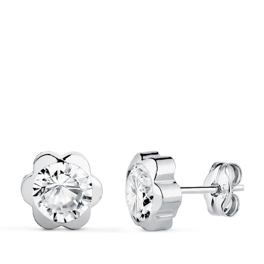 18K PENDIENTES ORO BLANCO CHATON MARGARITA CON CIRCONITA. MEDIDA: 7,5 X 7,5 MM. CIERRE PRESION