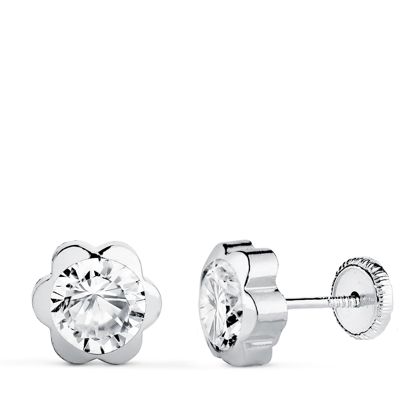 18K PENDIENTES ORO BLANCO CHATON MARGARITA CON CIRCONITA. MEDIDA: 7,5 X 7,5 MM. CIERRE TUERCA