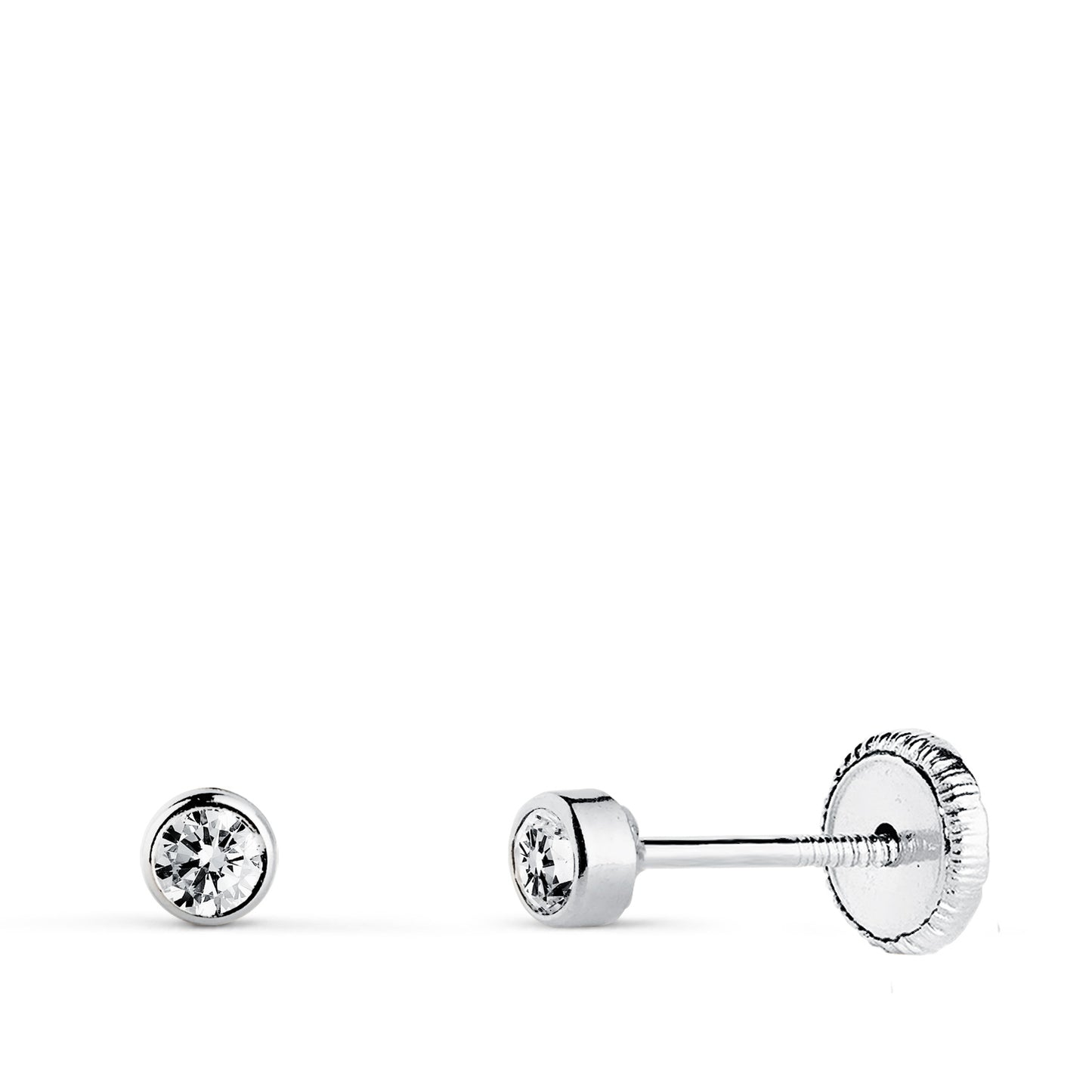 18K PENDIENTES ORO BLANCO CHATON REDONDOS CON CIRCONITA 3 MM CIERRE TUERCA