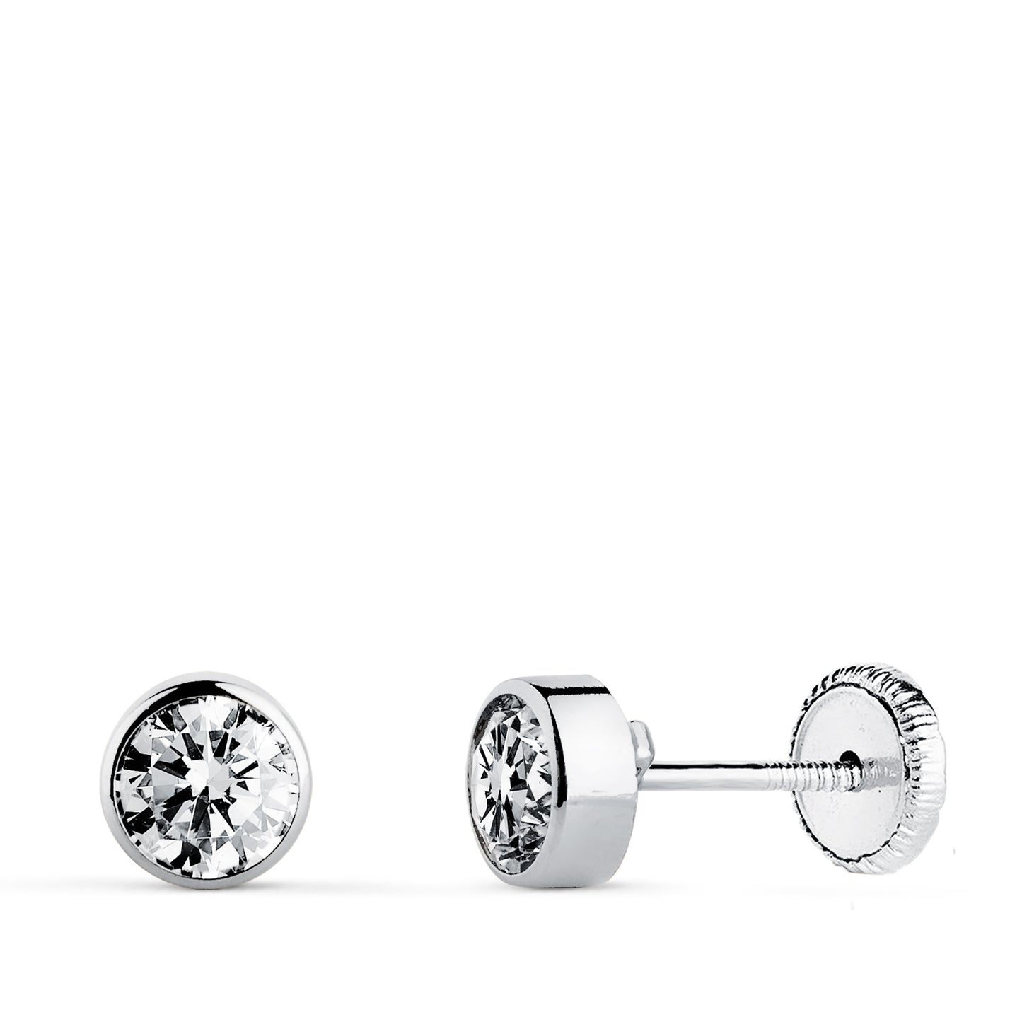 18K PENDIENTES ORO BLANCO CHATON REDONDOS BOCEL CON CIRCONITA 5 MM CIERRE TUERCA