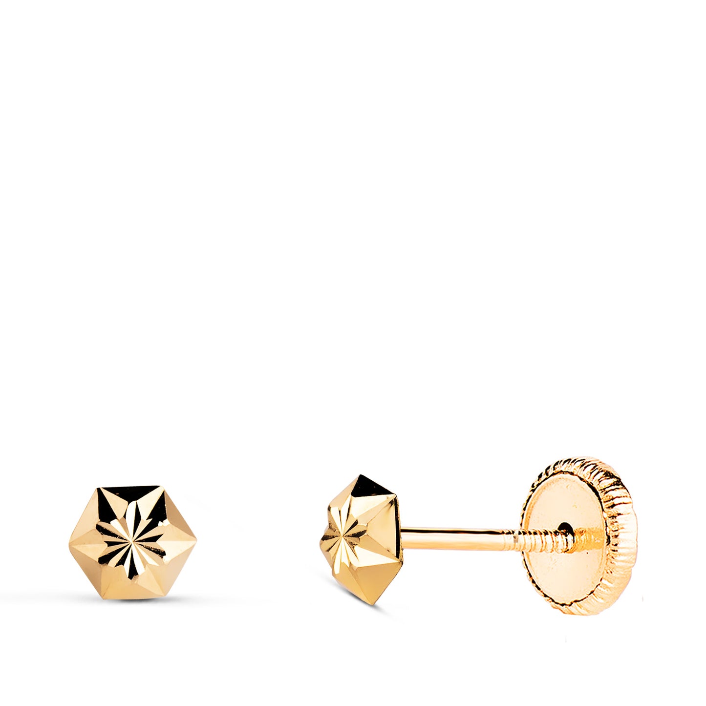 18K PENDIENTES ORO AMARILLO CLAVO ESTRELLA TALLADOS. MEDIDA: 5 X 4,5 MM. CIERRE TUERCA