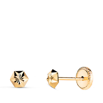 18K PENDIENTES ORO AMARILLO CLAVO ESTRELLA TALLADOS. MEDIDA: 5 X 4,5 MM. CIERRE TUERCA