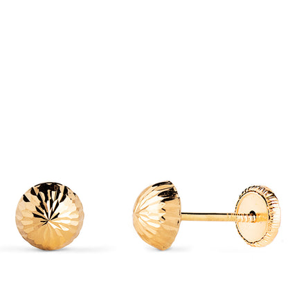 18K PENDIENTES ORO AMARILLO MEDIA BOLA TALLADA HUECA. ANCHO: 6 MM. CIERRE TUERCA