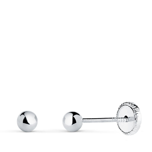 18K PENDIENTES ORO BLANCO BOLA LISA BRILLA HUECA. ANCHO: 3 MM. CIERRE TUERCA